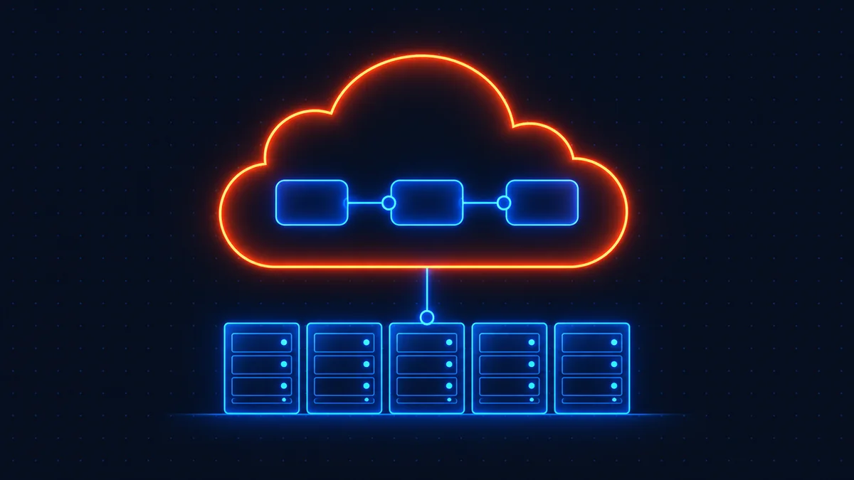 n8n cloud: a workflow canvas floating inside a cloud outline above a row of server racks