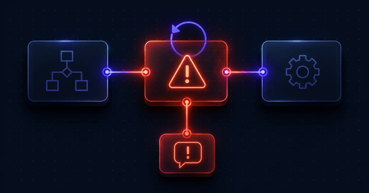 n8n error handling, a failed workflow node retrying itself and branching to an alert