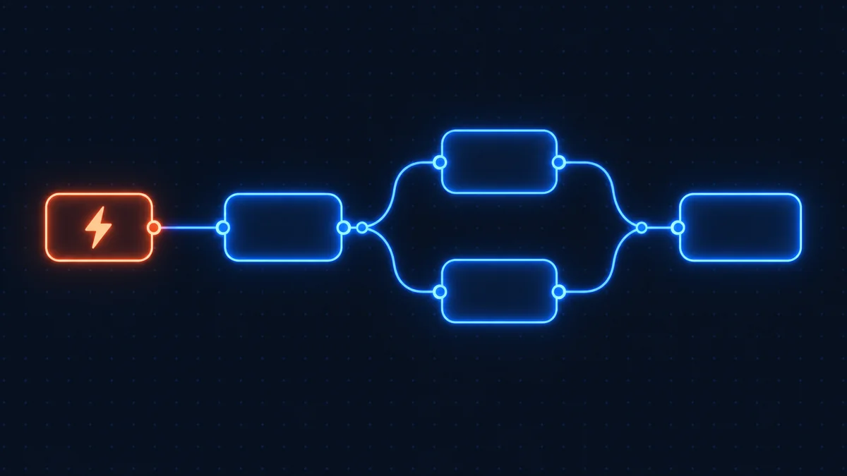 n8n workflows: a trigger node feeding a chain of connected nodes, with one execution path lit up